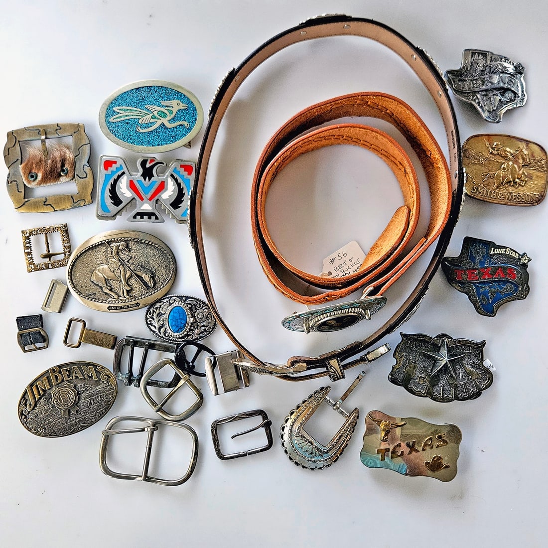 Large Collection of Native Western Brass & Nickel Silver Belts and Buckles: Title: Large Collection of Native Western Brass & Nickel Silver Belts and Buckles Description: Western Buckles and Belts Native Western Brass & Nickel Silver Belt and Buckles Hand Tooled Soft Leather