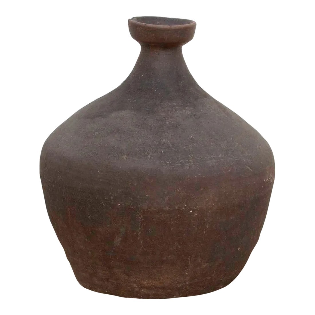 Vintage Terracotta Wine Jug: Showing a charming oxidized dark gray finish, this amphora pottery vase has a rounded shape with texture and a short narrow neck. This farmhouse style pot has a matte gray and aged finish giving it a