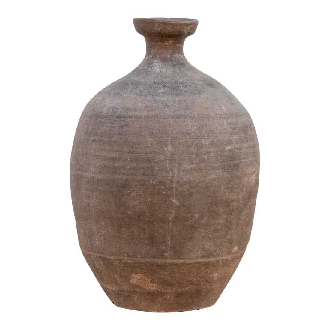 Vintage Amphora Pottery Wine Jug: Showing a charming oxidized gray finish, this amphora pottery vase has a rounded shape with texture and a narrow neck. This farmhouse style pot has a matte gray and white aged color giving it a rustic