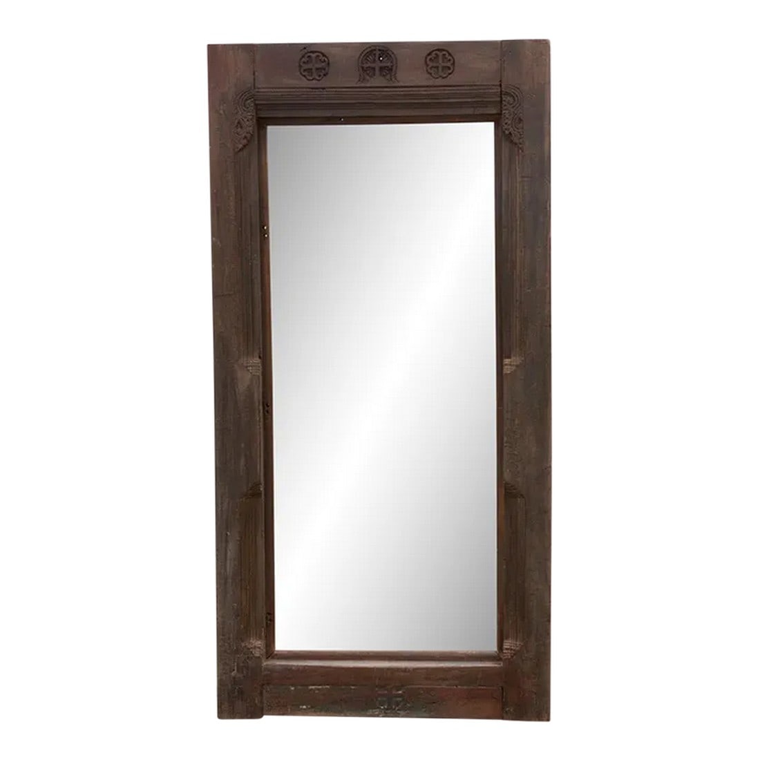 Goa Portuguese Antique Mirror: Picturesque 19th century Malabar mirror frame. It features lovely carved motifs of a cross and flowers on top and on the sides. The frame has a rustic appeal, the wooden frame being made from a very c