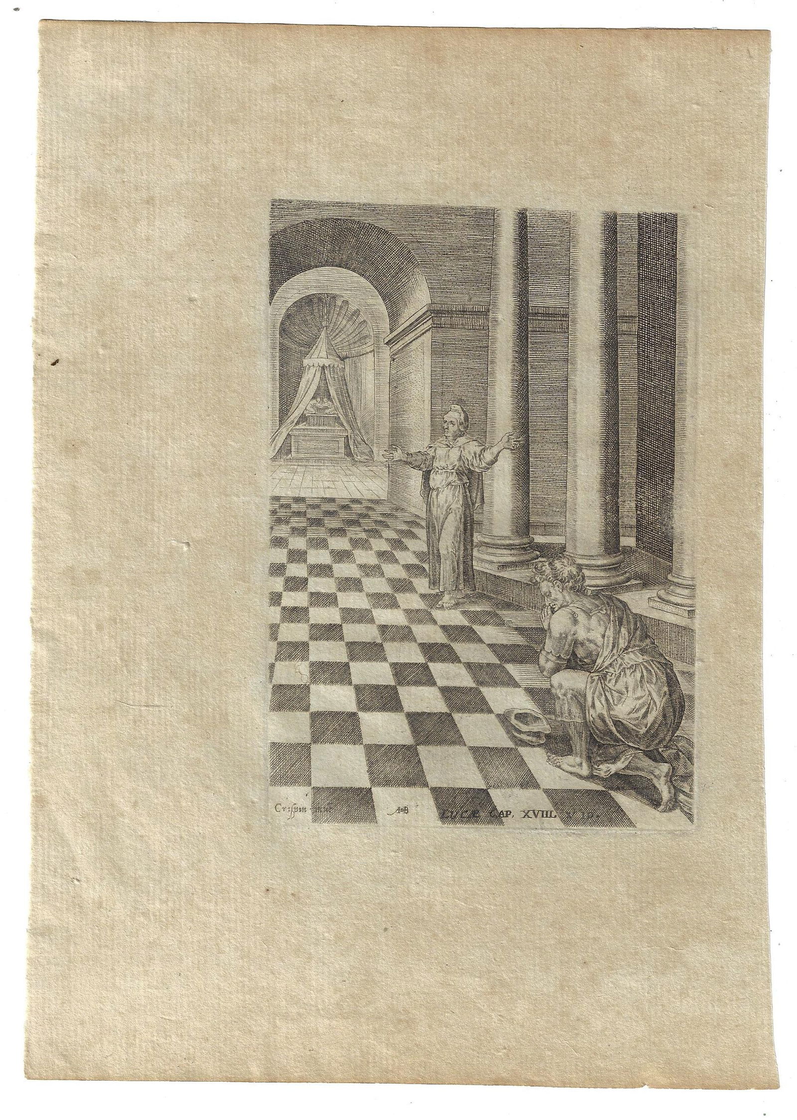 1660 Bible Engraving Pharisee and the Publican: An engraving depicting a biblical scene from the book of Luke showing the Pharisee and the Publican.after Abraham de Bruyn, circa 1660. The engraving skewed to the right, wide margins, Fine condition.