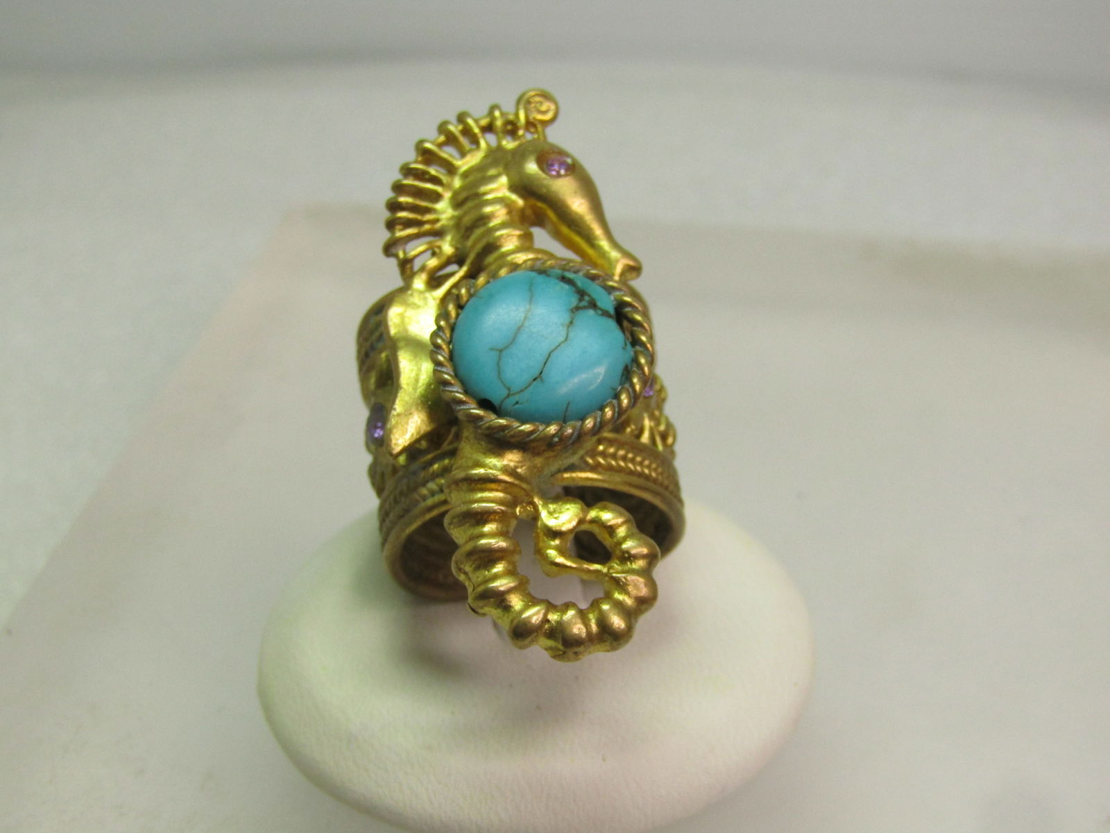 Vintage Seahorse Faux Turquoise Cuff Ring, Adjustable sz. 7 and Higher, 1980's (1 of 5)
