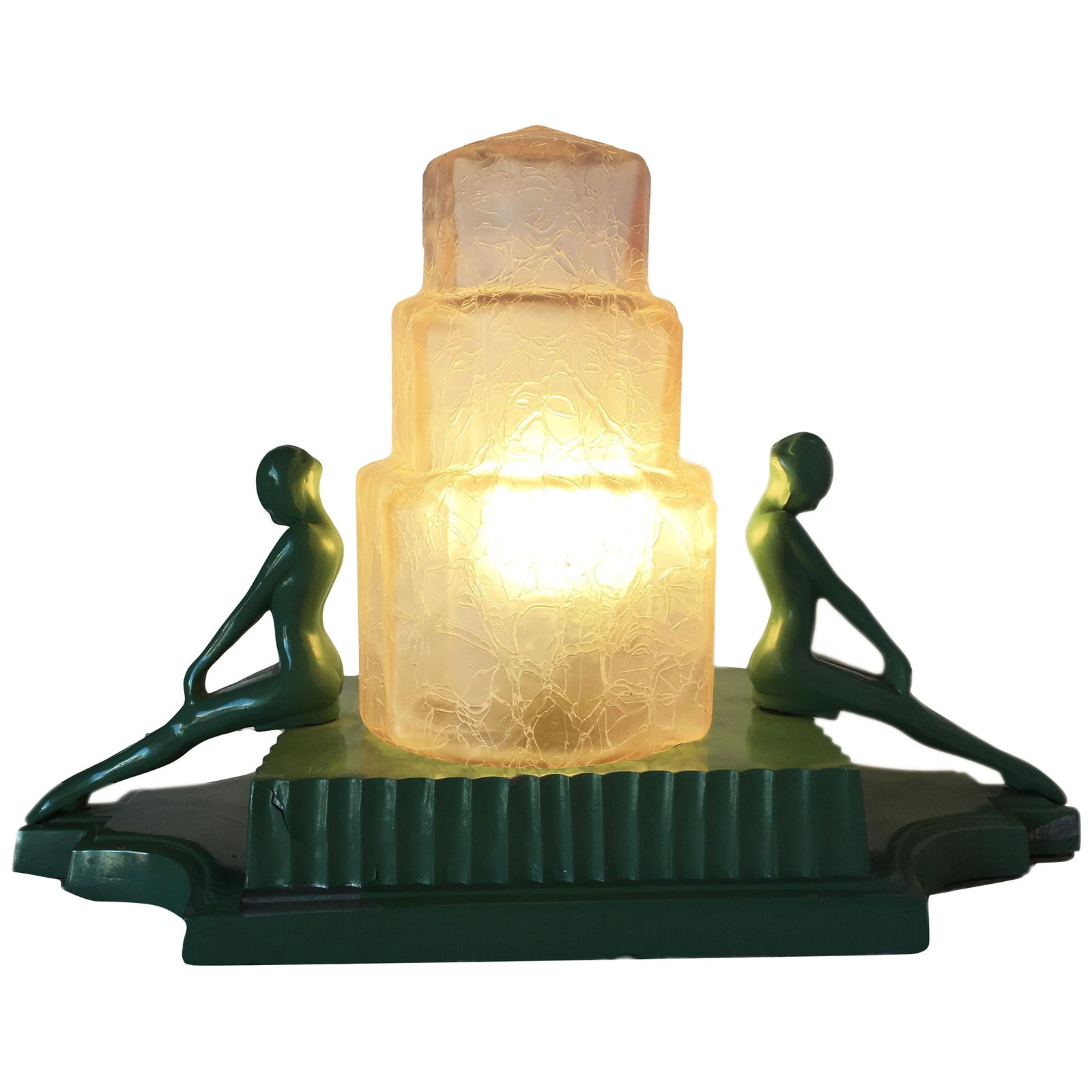 Frankart L254 Twin Nude Sculptural Table Lamp with Stepped Shade: This Frankart model L210 nude spelter metal sculptural table lamp features two Art Deco styled nude females sitting next to a crackle shade. The lamp comes with the original Frankart stepped pointed c