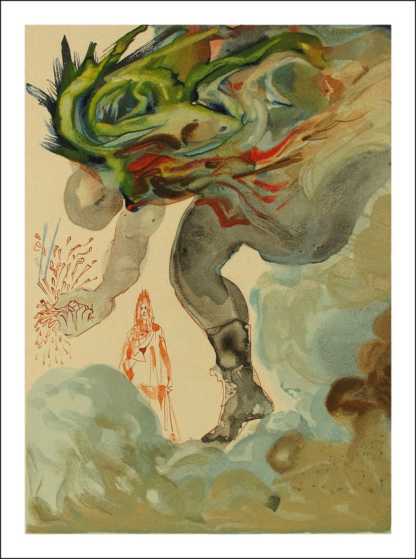 Salvador Dali Woodcut, The Giants - Hell 31: Artist: Salvador Dali Country: Spain Title: The Giants - Hell 31 Provenance: Suite Divine Comedy numbered Medium: Original Woodcut not signed or numbered Paper size: BFK Rives 13.40 x 9.80 inch Printe