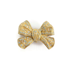 Antique Edwardian Blue White Enameled Bow Brooch Pin 18K Yellow Gold, 6.51 Grams