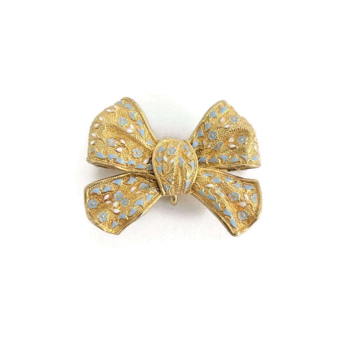 Antique Edwardian Blue White Enameled Bow Brooch Pin 18K Yellow Gold, 6.51 Grams