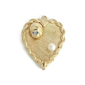 Vintage 1950's Pearl Topaz Child Heart Pendant Charm 14K Yellow Gold, 7.29 Gram