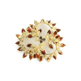 Vintage 1950's 1960's Sapphire Orange Enamel Brooch Pin 18K Yellow Gold 8.79 Gr