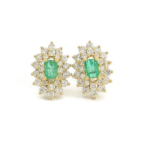 Vintage Green Emerald Diamond Halo Drop Stud Earrings 14K Yellow Gold, 4.02 Gram