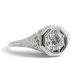 Vintage Round Diamond Filigree Engagement Ring 18K White Gold, .36 CT, 2.86 Gram