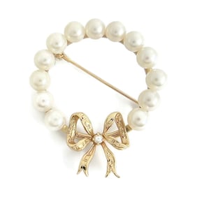 Vintage 1950's Pearl Wreath Bow Brooch Pin 14K Yellow Gold, 11.93 Grams