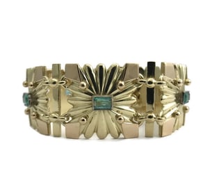 Antique Art Deco Green Emerald Square Link Bracelet 18K Yellow Gold, 92.51 Grams