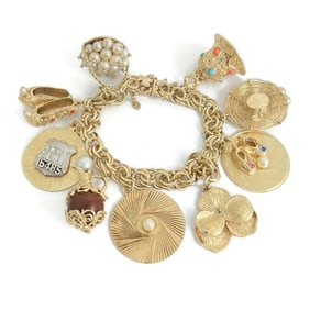 Vintage 1950's Pearl Shoes Hat Police Charm Bracelet 14K Yellow Gold, 59.27 Gram