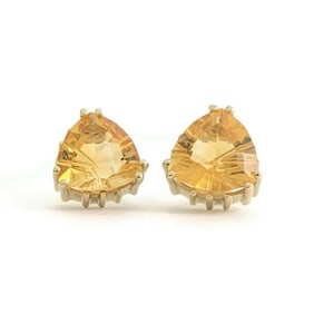 Vintage 1950's Trillion Citrine Gemstone Stud Earrings 14K Yellow Gold, 2.59 Gr