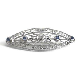 Vintage 1950's Blue Sapphire Diamond Platinum Brooch Pin, .30 CTW, 4.96 Gr