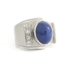 Vintage 1940's Lab-Created Star Sapphire Diamond Ring 14K White Gold, 10.15 Gram