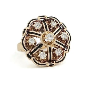 Vintage 1960's Diamond Cluster Enamel Cocktail Ring 14K Yellow Gold, 9.15 Grams