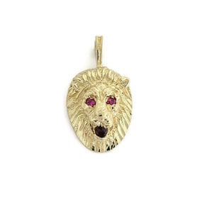 Vintage Simulated Ruby Garnet Lion Head Pendant Charm 14K Yellow Gold 8.65 Gr
