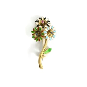 Vintage 1940's Multicolored Enamel Gemstone Flower Brooch 18K Yellow Gold 4.65 G