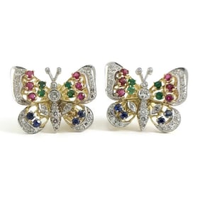 Vintage 1950's Diamond Multicolored Butterfly Earrings 18K Yellow Gold, 15.26 Gr