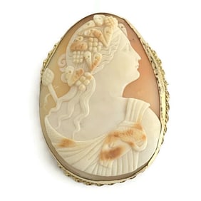 Antique Victorian Cameo Shell Pendant Brooch Pin Yellow Gold Plated, 24.19 Grams