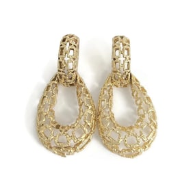 Vintage 1970's Oval Filigree Loop Dangle Drop Earrings 14K Yellow Gold, 19.65 Gr