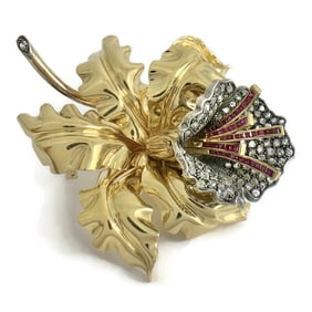 Antique Art Nouveau Diamond Ruby Flower Brooch Pin 18K Yellow Gold, 38.16 Gr
