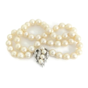 Art Nouveau Japanese Pearl Diamond Necklace 14K White Gold Clasp , 35.34 Gr