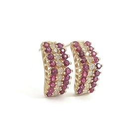 Vintage Ruby Diamond Huggie Drop Earrings 14K Yellow Gold, 3.87 Gr