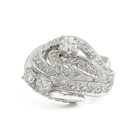 Vintage 1940's 1950's Asymmetrical Diamond Cocktail Ring 14K White Gold, 6.22 Gr