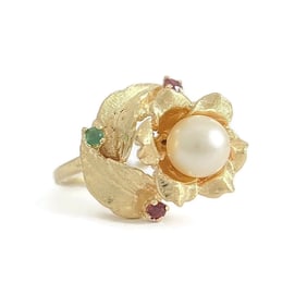 Vintage 1950's Pearl Ruby Emerald Cocktail Ring 14K Yellow Gold, 6.49 Grams