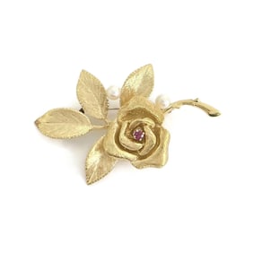 Vintage 1950's 1960's Pearl Ruby Flower Rose Brooch Pin 14K Yellow Gold 13.51 Gr