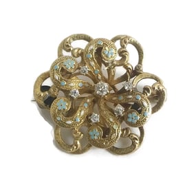 Antique Edwardian Diamond Turquoise Enamel Brooch Pin 20K Yellow Gold, 5.19 Gram