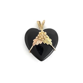 Vintage 1970's Black Lucite Heart Grape Charm Pendant 10K Yellow Gold, 1.85 Gram