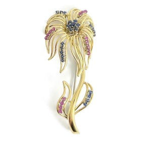 Vintage 1960's Sapphire Ruby Flower Brooch Pin 18K Yellow Gold, 12.49 Gr
