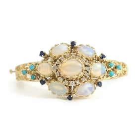 Vintage 1950's Opal Diamond Turquoise Bangle Bracelet 14K Yellow Gold, 24.99 Gr