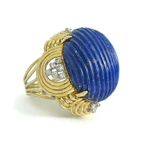 Vintage 1960's Blue Lapis Lazuli Diamond Cocktail Ring 14K Yellow Gold, 22.93 Gr