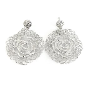 Vintage Italian Round Filigree Dangle Drop Earrings 14K White Gold, 4.51 Grams