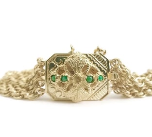 Vintage Green Jade Pendant Multi-Strand Chain Bracelet 14K Yellow Gold, 23.96 Gr