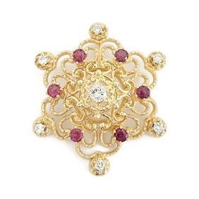 Vintage 1960's Ruby Diamond Filigree Necklace Pendant 14K Yellow Gold 6.97 Gr
