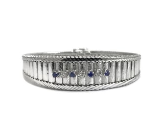 Vintage Blue Sapphire Diamond Wide Flex Bracelet 14K White Gold, 32.22 Grams