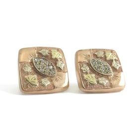 Vintage 1950's Diamond Leaf Square Button Stud Earrings 14K Rose Gold, 9.6 Grams
