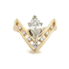 Vintage 1980's Marquise Diamond Chevron Statement Ring 14K Yellow Gold, 4.78 Gr