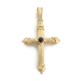 Vintage Italian Pink Tourmaline Ornate Cross Pendant 14K Yellow Gold, 3.43 Grams