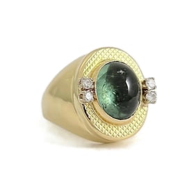 Vintage 1960's Oval Green Tourmaline Diamond Ring 18K Yellow Gold, 9.40 Grams