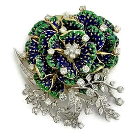Vintage 1950's Blue Green Enamel Diamond Flower Brooch 18K Yellow Gold, 43.74 Gr