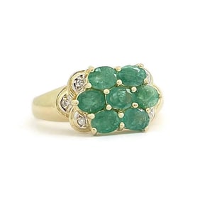 Vintage Oval Green Emerald Cluster Diamond Cocktail Ring 14K Yellow Gold 5.41 Gr