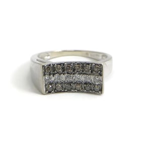 Vintage Brown Cognac White Diamond Concave Flat Top Ring 14K White Gold, 2.7 Gr