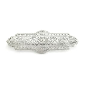 Antique Art Deco Diamond Filigree Long Brooch Pin 14K White Gold, 3.79 Grams