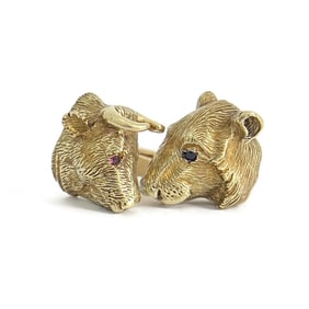 Vintage Bull Bear Ruby Sapphire Animal Cufflinks 18K 14K Yellow Gold, 26.39 Gram
